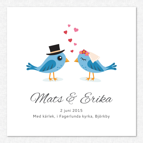 Söt bröllopstavla med personlig text och blå fåglar