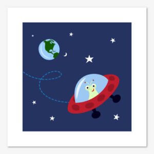 Fin tavla för barn med illustration föreställande en utomjording som kör ett rymdskepp genom rymden