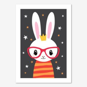 Söt barntavla föreställande en kanin med glasögon och randig tröja