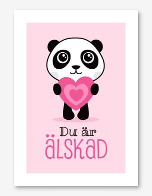 Barntavla med panda som håller i ett rosa hjärta. Text 