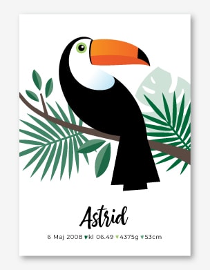 Snygg födelsetavla med en tropisk fågel. Stilren design med personligt anpassad text.