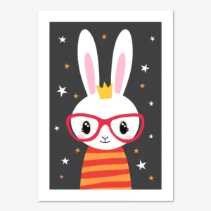 Söt barntavla föreställande en kanin med glasögon och randig tröja