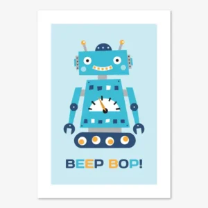 Fin barntavla med illustration av robot och text: Beep bop
