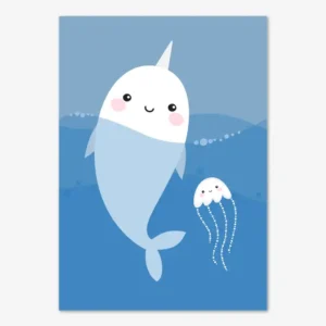 Fin barntavle föreställande en narval och manet bland blå vågor