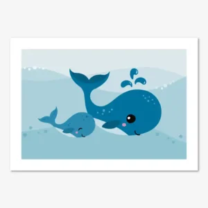 Fin barntavla med blåvalar, en mamma och valunge, som simmar tillsammans i havet bland blå vågor.