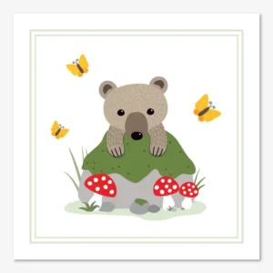 Söt tavla för barn med en liten björnunge som tittar fram bakom en sten