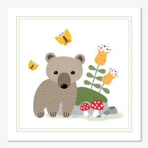 Söt tavla för barn med en liten björnunge som tittar fram bakom en sten