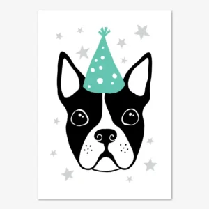 Fin tavla för barn föreställande en svartvit bostonterrier med en partyhatt omgiven av stjärnor