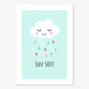 Tavla för barnrum med sovande moln och text "sov sött"