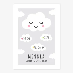 Födelsetavla med sovande moln och personligt anpassad födelsedata på ljusgrå eller blå bakgrund.