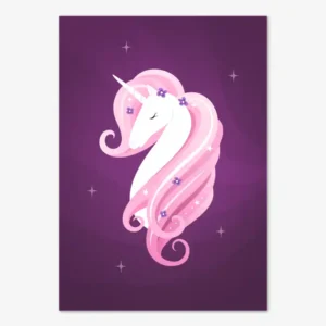 Barntavla föreställande en vacker vit enhörning med böljande man på lila bakgrund. Fin dekoration för barn som älskar enhörningar och sagovärldar