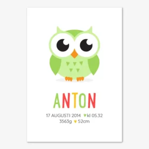 Doptavla med grön uggla och personlig text
