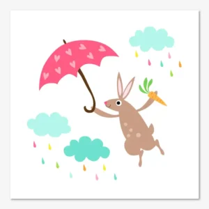 Barntavla med söt kanin och regnmoln.
