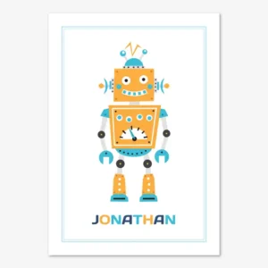 Tavla för barnrum med gul, retro robot och personligt anpassat namn.