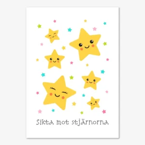 Barntavla med kawaii stjärnor och text "Sikta mot stjärnorna"