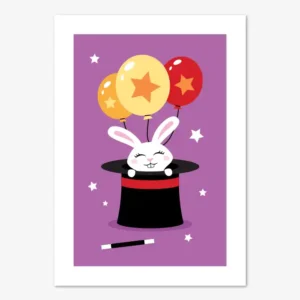 Fin tavla för barn föreställande en liten vit kanin i en trollkarlshatt